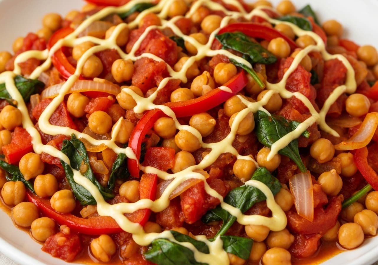 Spiced Chickpea & Spinach Skillet with Lemon-Tahini Drizzle
