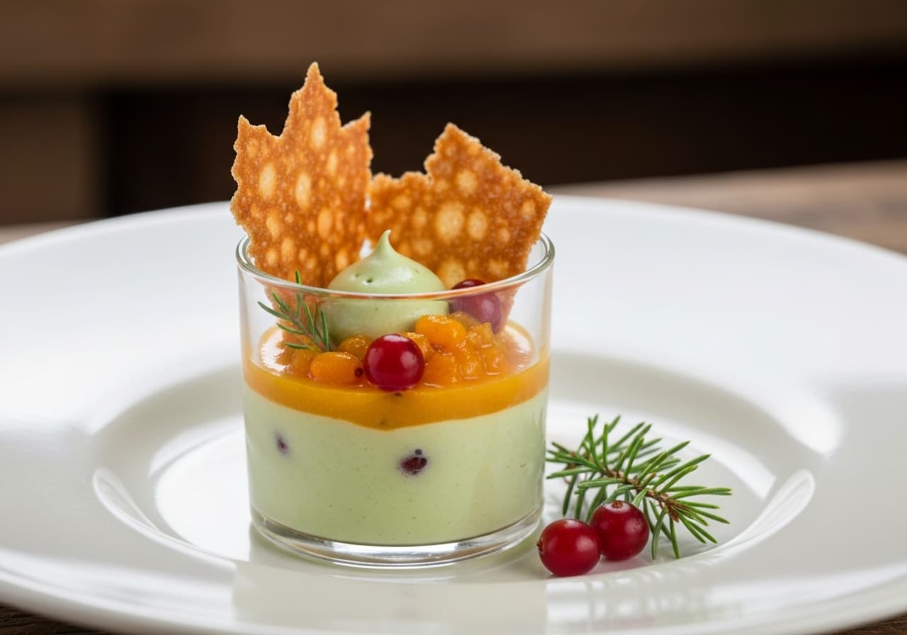 Boreal Symphony: Spruce Tip & Cranberry Mousse, Sea Buckthorn Coulis, Maple Tuiles