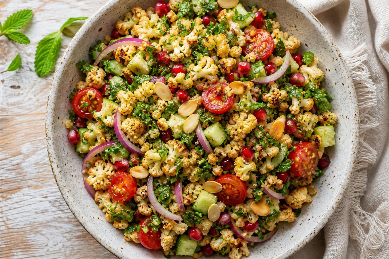 Roasted Cauliflower Tabbouleh with Mediterranean Herbs and Pomegranate