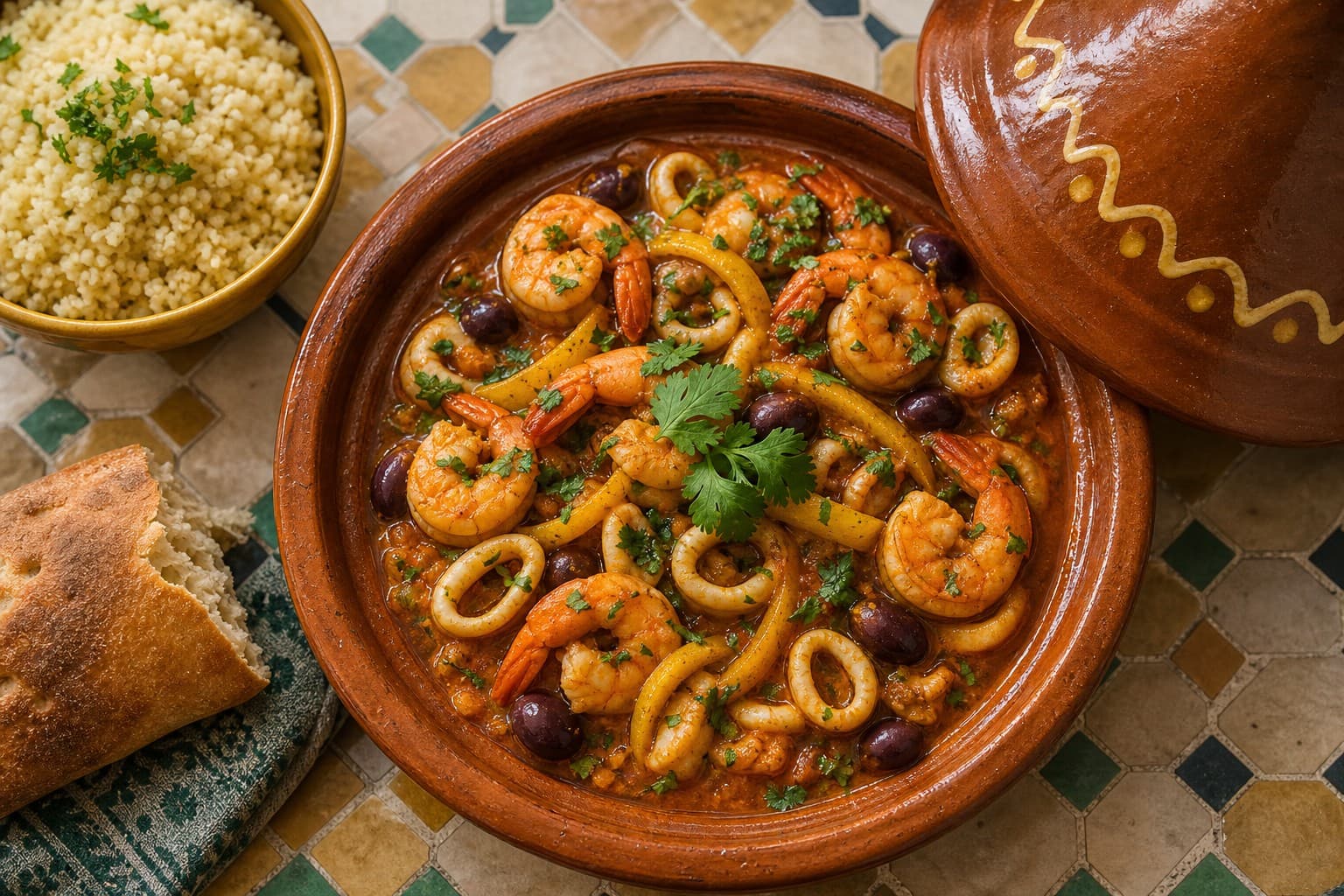Shrimp and Calamari Tagine with Preserved Lemons and Purple Olives