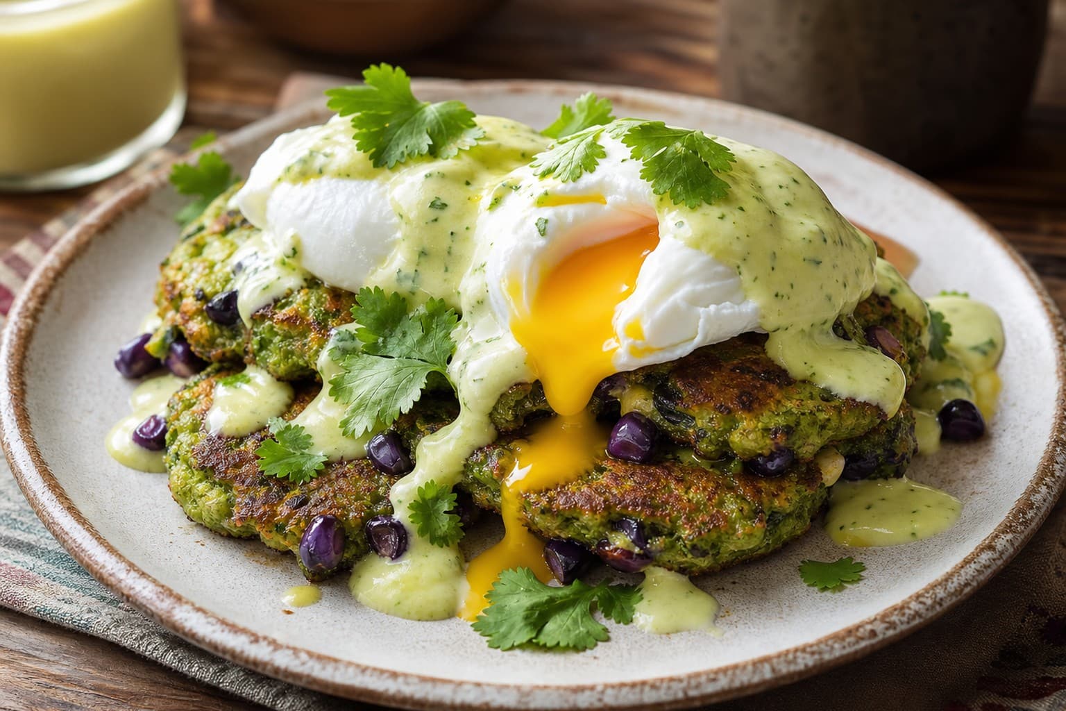 Green Plantain and Purple Corn Fritters with Poached Eggs and Aji-Huacatay Cream