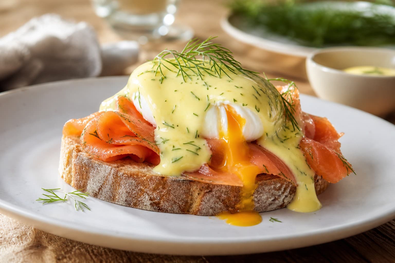 Nordic Eggs Benedict on Rye Bread with Gravlax and Dill-Lemon Sauce