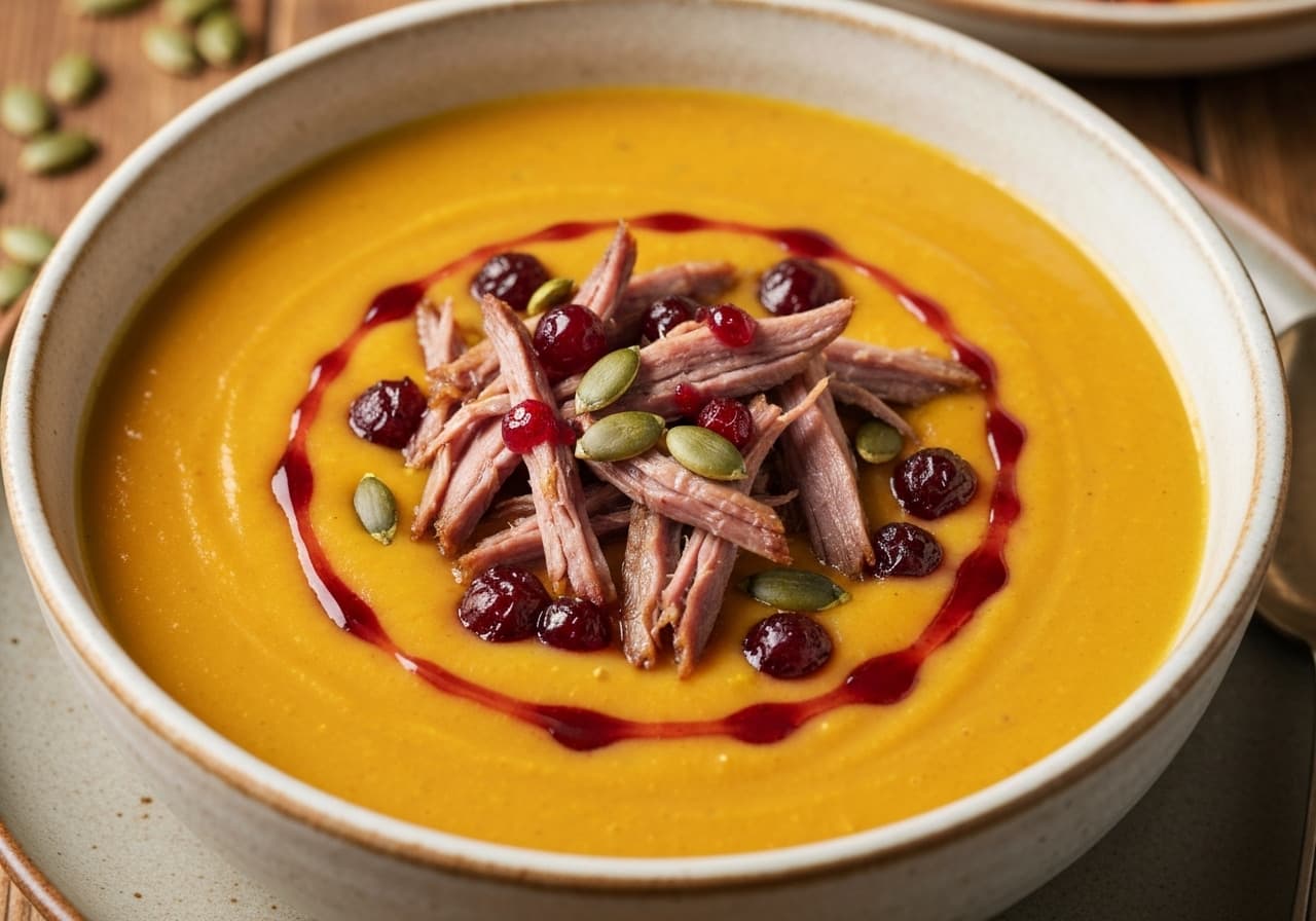 Roasted Parsnip and Celeriac Velouté, Crispy Duck Confit with Cranberry and Maple