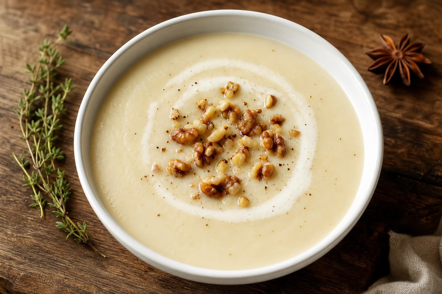 Creamy Parsnip and Pear Soup with Ginger, Caramelized Walnut Crumble