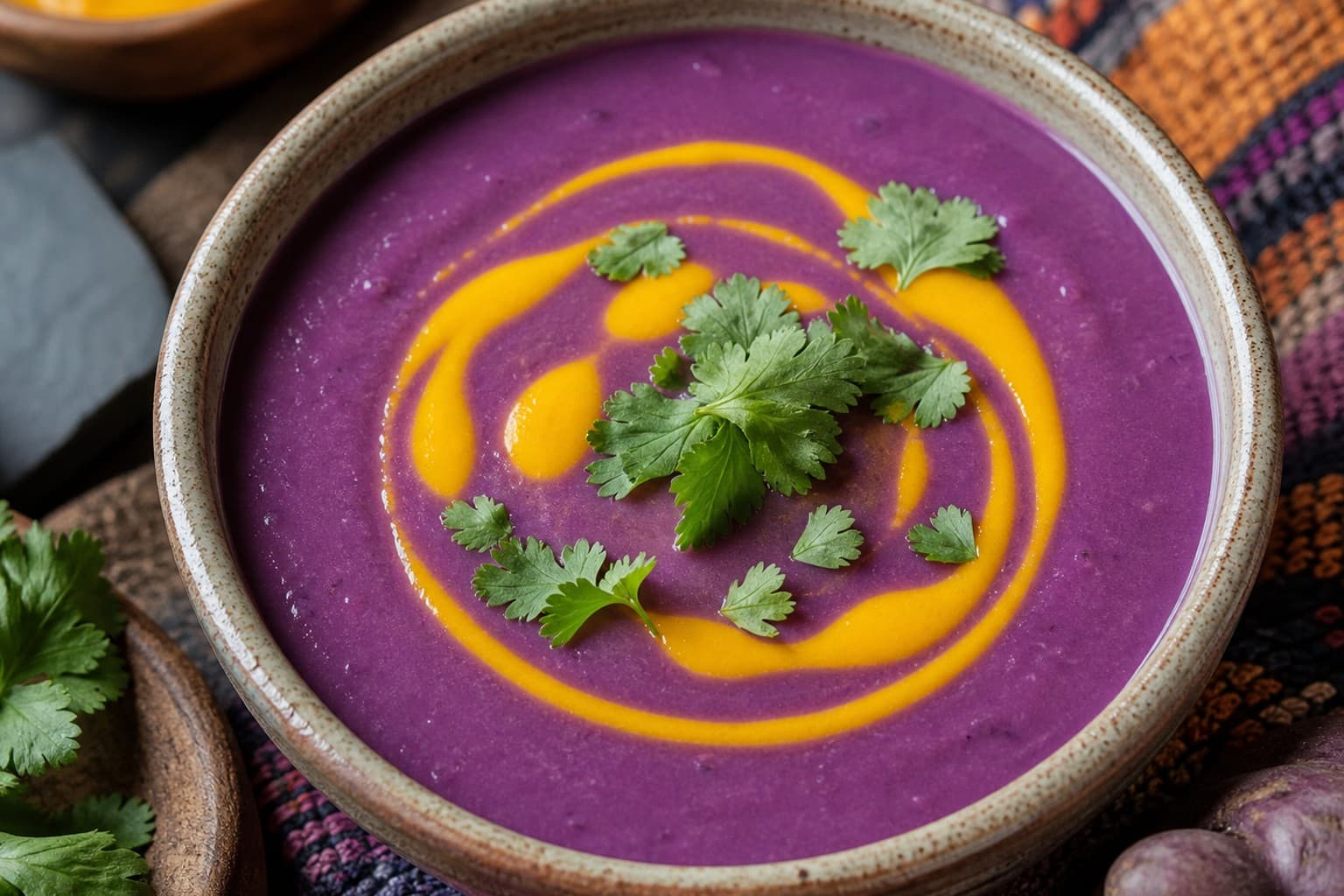 Purple Sweet Potato and Maca Velouté, Aji Amarillo Swirl