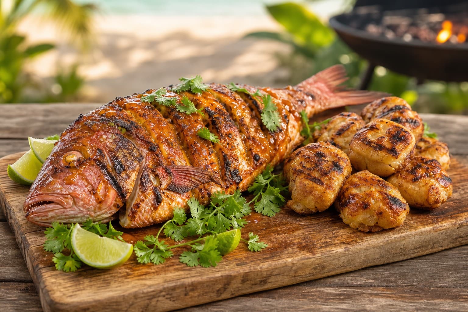Whole Grilled Snapper with Spicy Mango-Jerk Glaze and Festival Dumplings