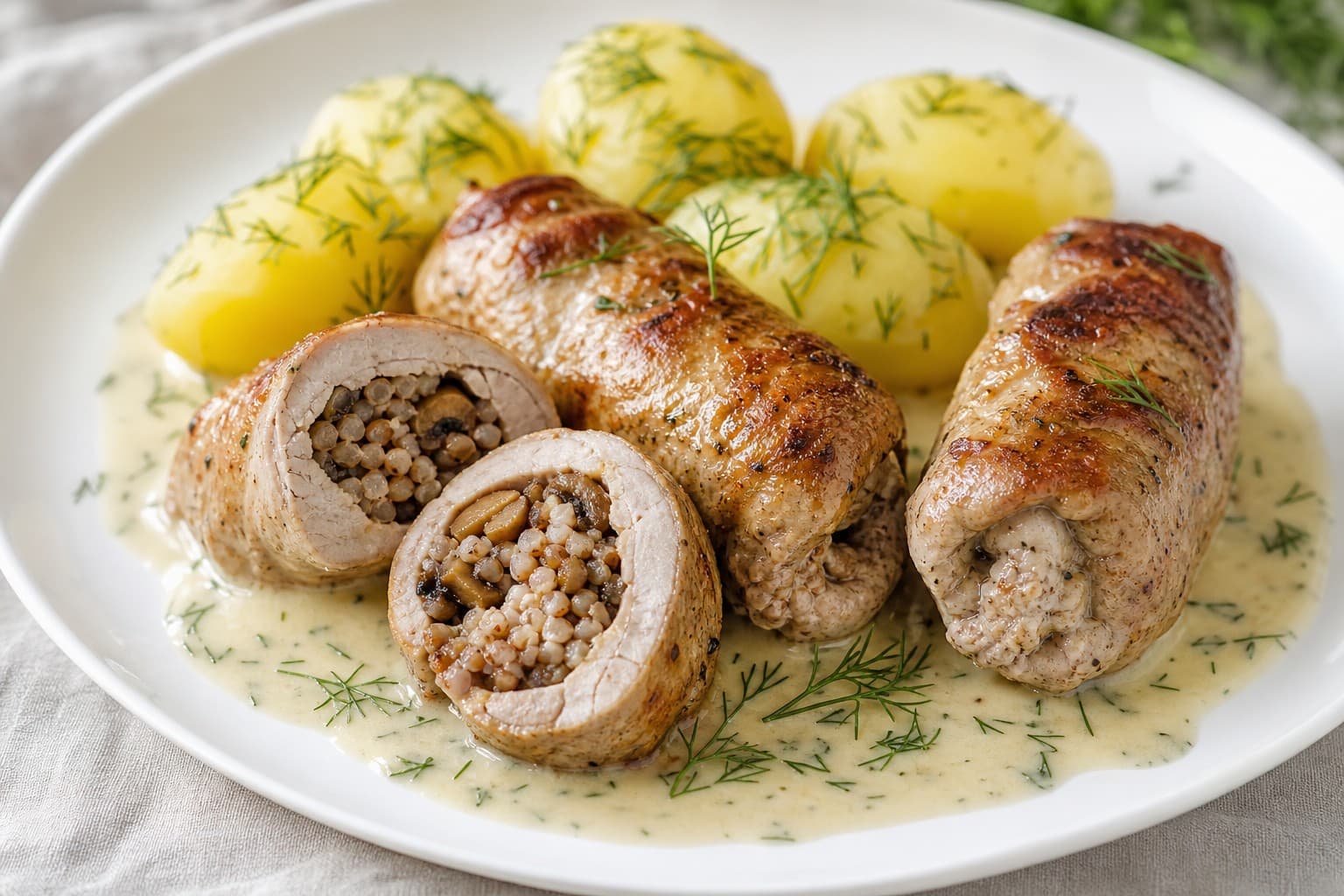 Pork Roulades with Buckwheat and Mushrooms, Dill Sauce